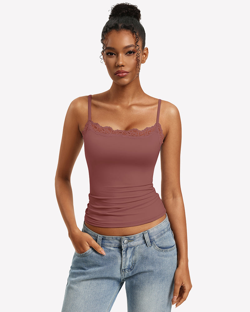 Mauve lace-trim camisole tank top with square neckline and slim fit straps