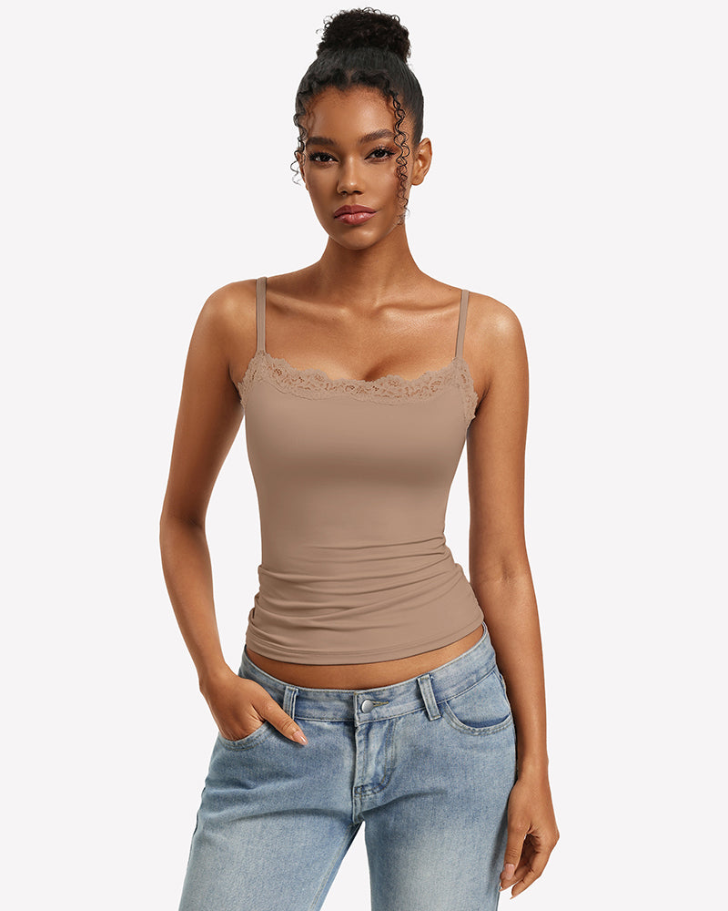 Beige lace-trim camisole tank top with square neckline and slim fit straps