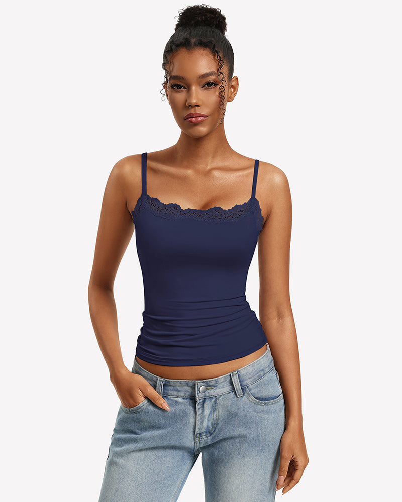 Navy lace-trim camisole tank top with square neckline and slim fit straps