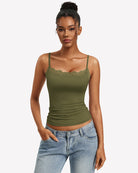 Olive green lace-trim square-neck slim camisole with spaghetti straps