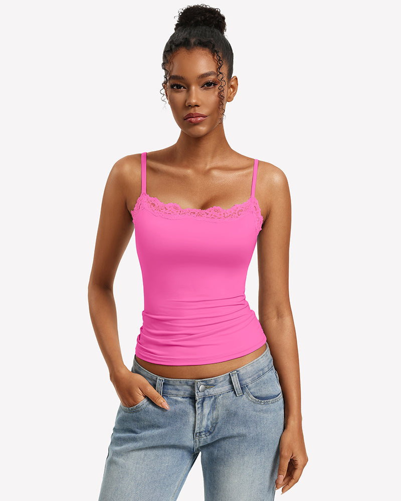 Pink lace-trim camisole tank top with square neckline and slim fit straps