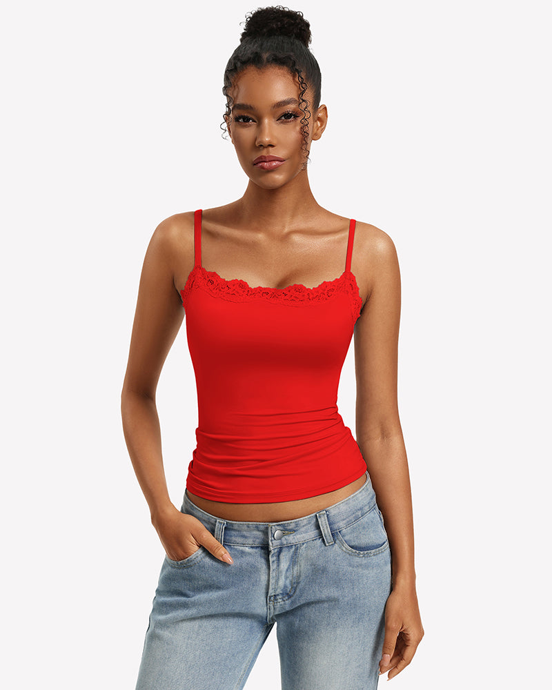 Red lace-trim square-neck slim camisole with spaghetti straps