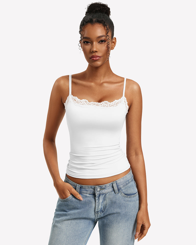 White lace-trim square-neck slim camisole with spaghetti straps