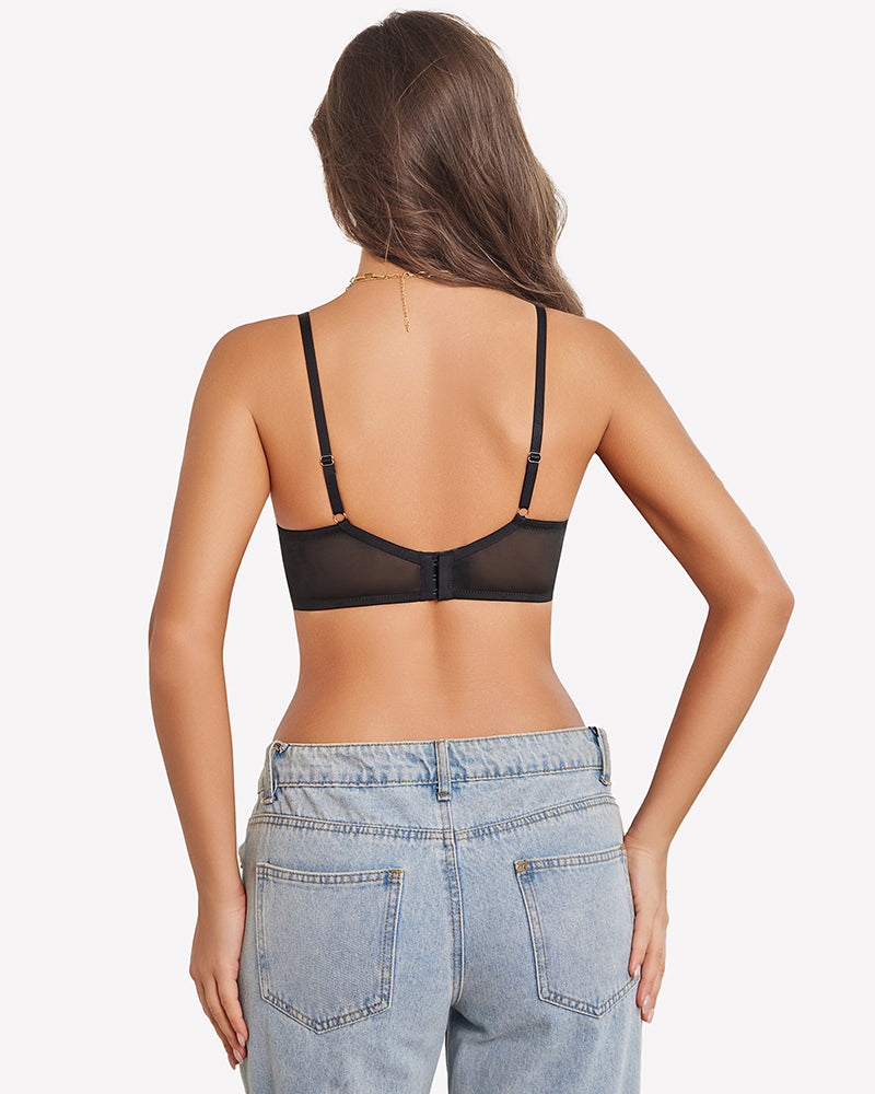 Floral lace sheer mesh unlined bra back view in black, adjustable straps and mesh panel