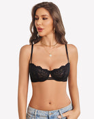 Floral lace sheer mesh unlined bra in black, lace underwire cups and scalloped band