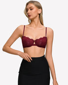 Floral lace sheer mesh unlined bra in dark red, underwire cups with scalloped lace