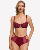 Unlined lace bra with sheer mesh, dark red, scalloped trim and lace underband