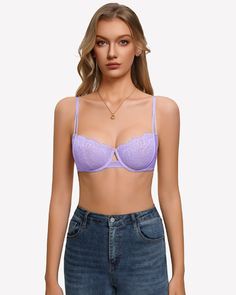 Floral lace sheer mesh unlined bra in lilac, underwire cups with scalloped lace trim