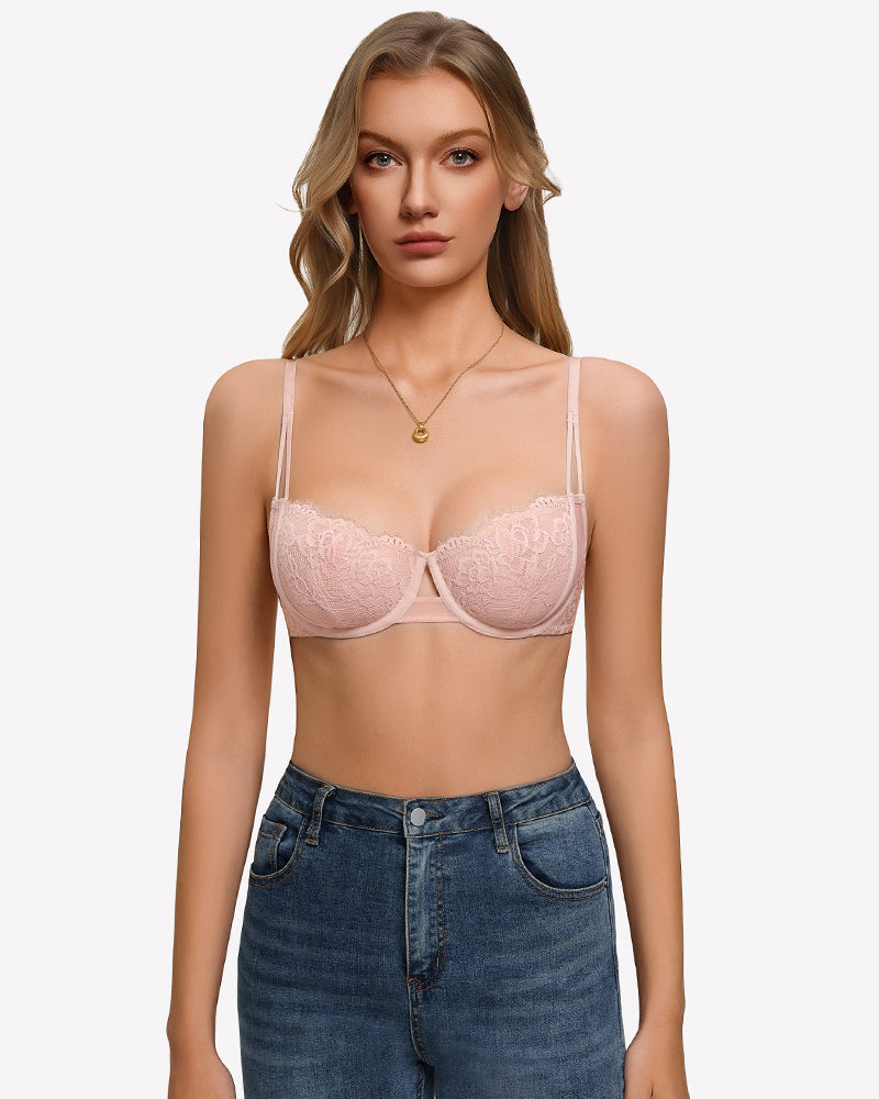 Unlined lace bra with sheer mesh, light pink, underwire cups with floral lace