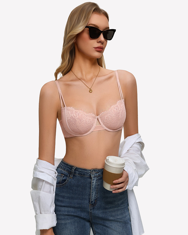 Floral lace sheer mesh unlined bra in light pink, underwire cups with lace overlay