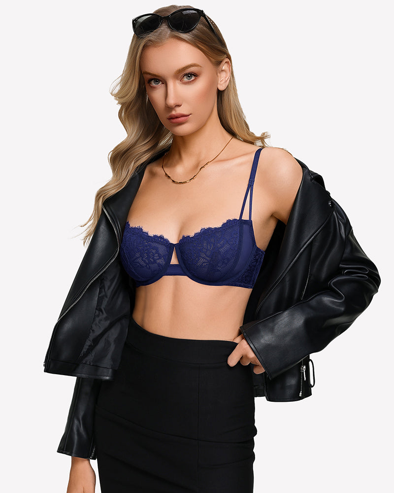 Unlined lace bra with sheer mesh, navy blue, lace underwire cups and thin straps
