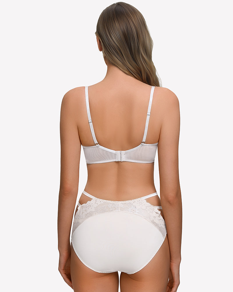 Unlined lace bra and sheer mesh brief, white, lace straps and open back