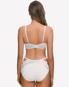 Unlined lace bra and sheer mesh brief, white, lace straps and open back