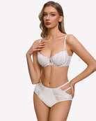 Unlined lace bra with sheer mesh, white, lace underwire cups and matching brief