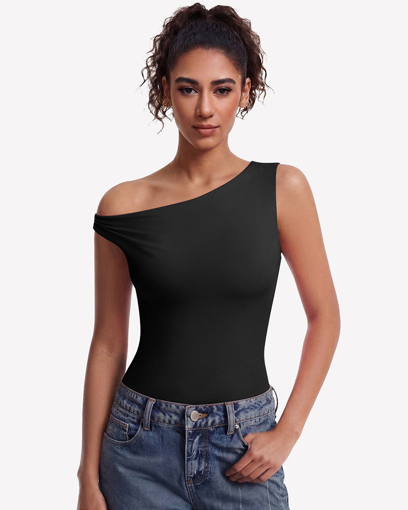 Black off-shoulder asymmetric bodysuit top, smooth fitted cut with one-shoulder neckline