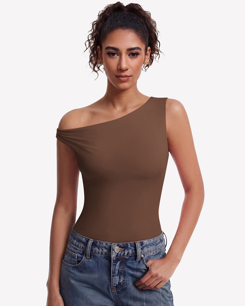 Off-shoulder bodysuit leotard top in dark brown, asymmetric neckline, double lined.