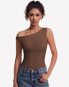 Off-shoulder bodysuit leotard top in dark brown, asymmetric neckline, double lined.