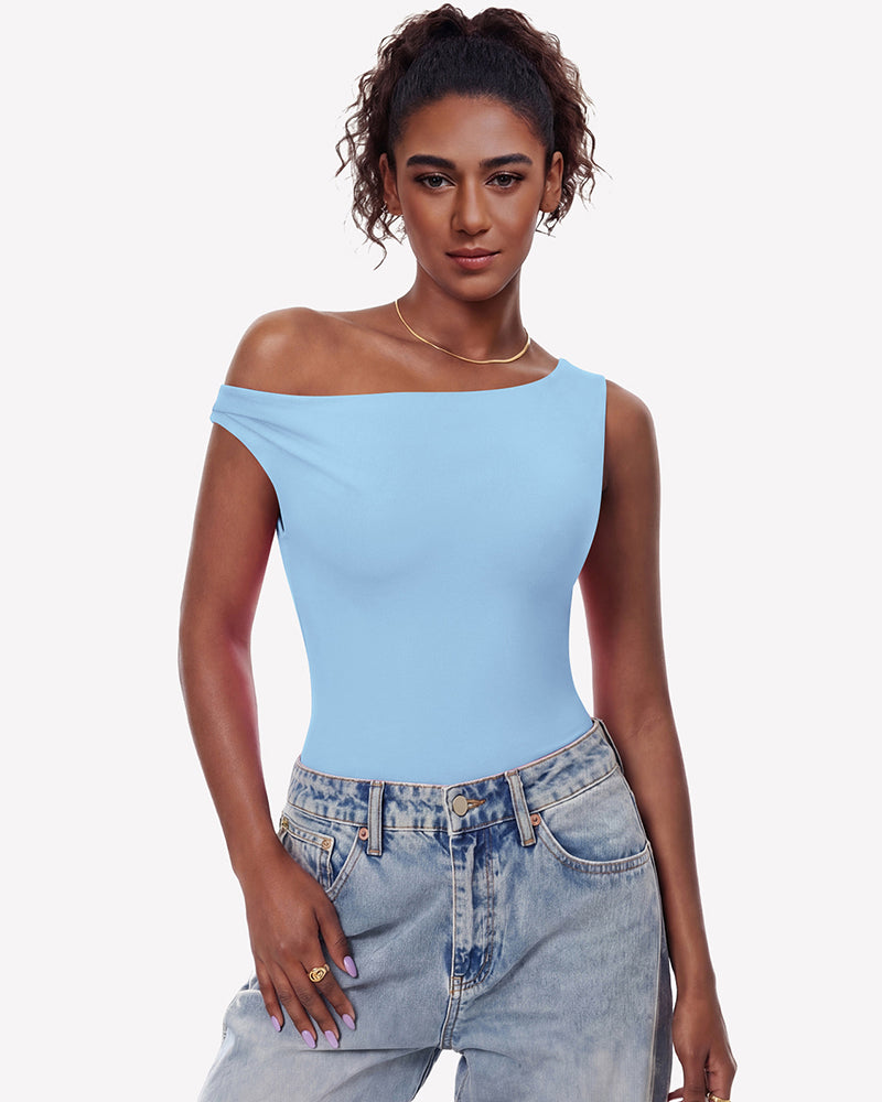 Off-shoulder bodysuit leotard top in light blue, asymmetric neckline, double lined.