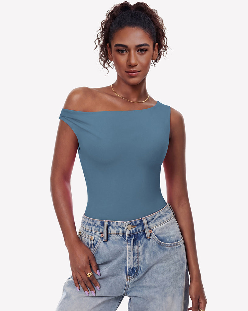 Off-shoulder bodysuit leotard top in slate blue, asymmetric neckline, double lined.
