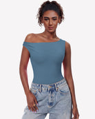 Off-shoulder bodysuit leotard top in slate blue, asymmetric neckline, double lined.