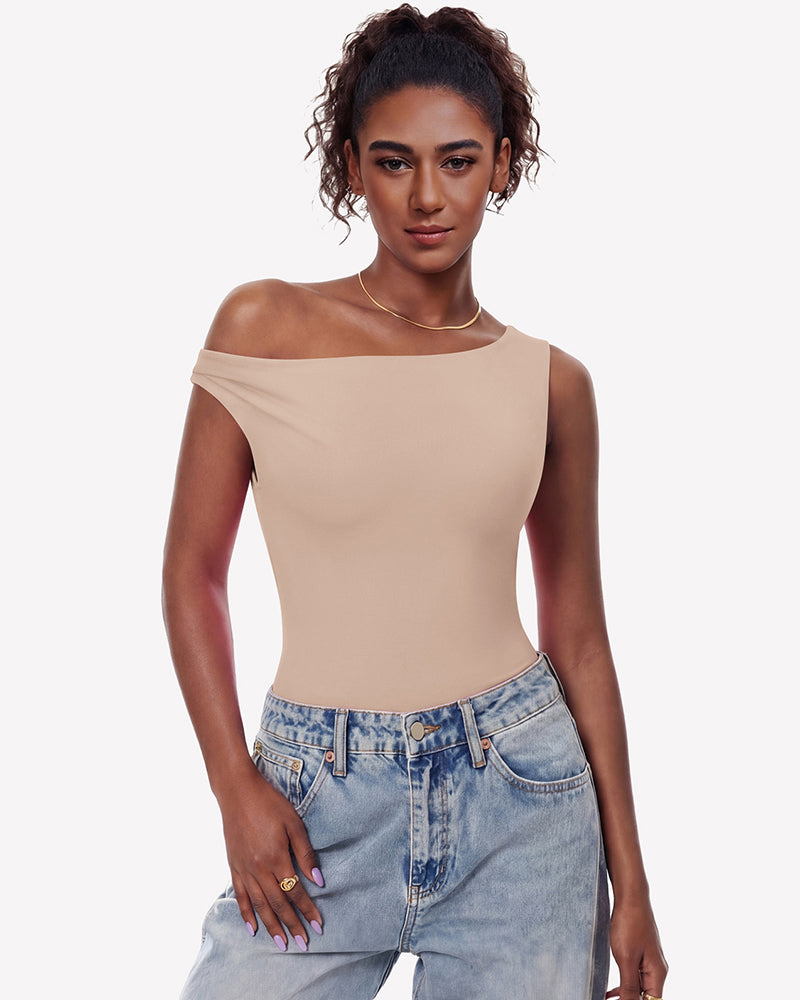 Off-shoulder bodysuit leotard top in beige, asymmetric neckline, double lined.