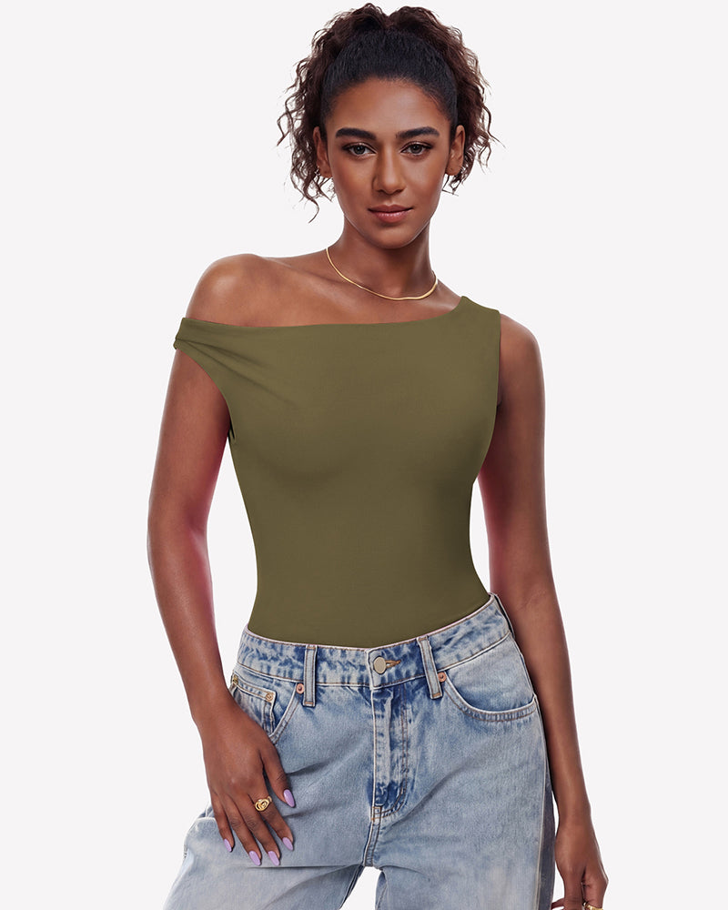 Off-shoulder bodysuit leotard top in olive green, asymmetric neckline, double lined.