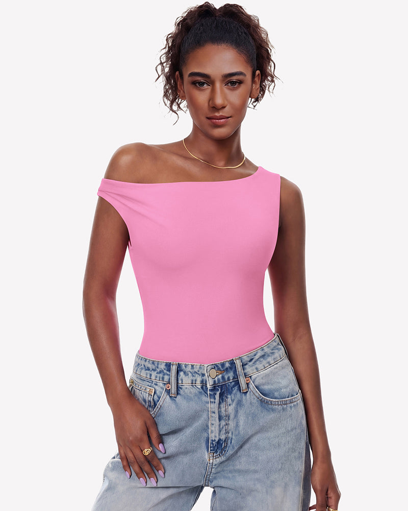 Off-shoulder bodysuit leotard top in hot pink, asymmetric neckline, double lined.
