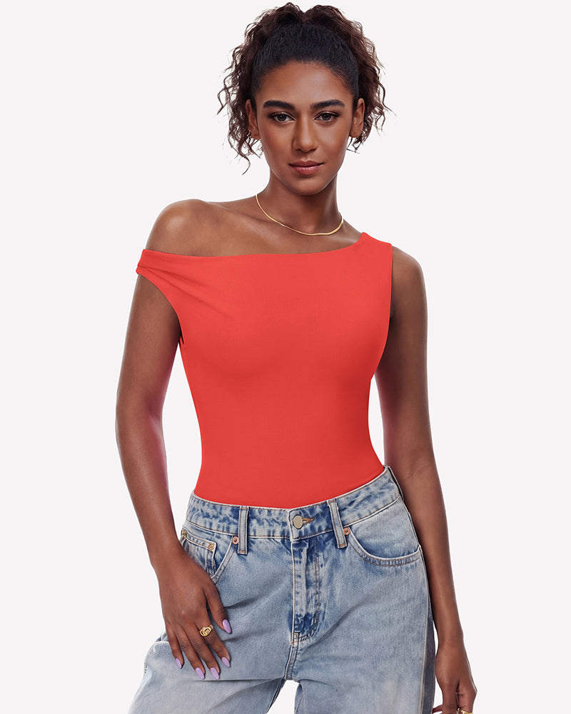 Off-shoulder bodysuit leotard top in red, asymmetric neckline, double lined.