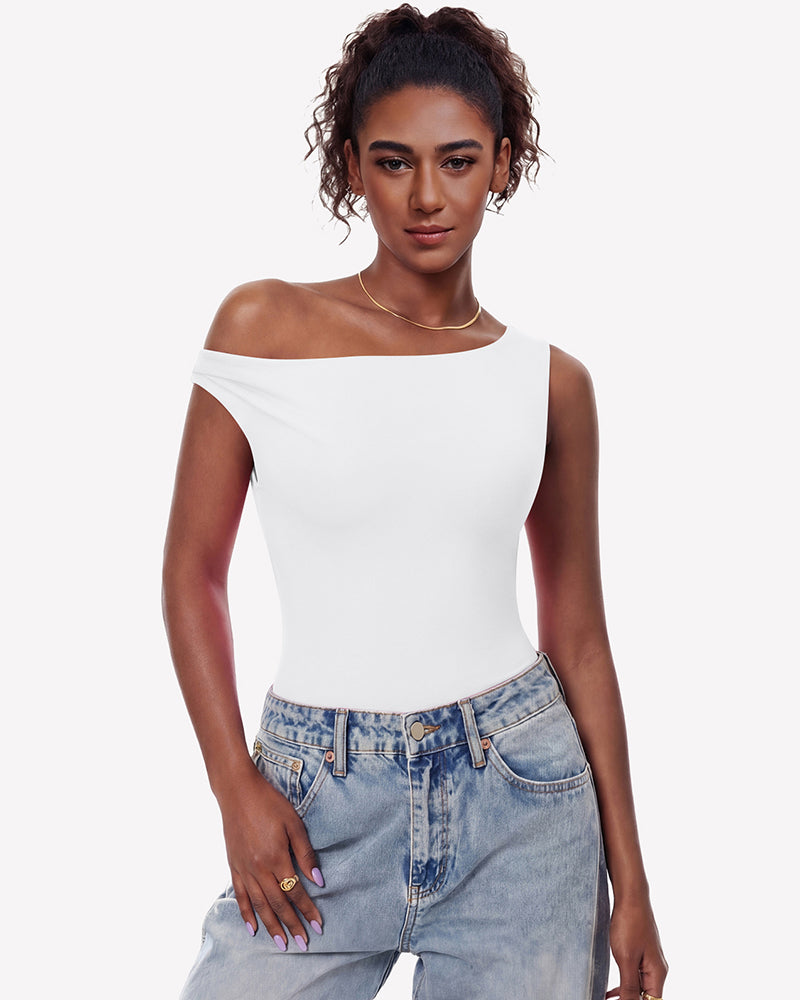 Off-shoulder bodysuit leotard top in white, asymmetric neckline, double lined.