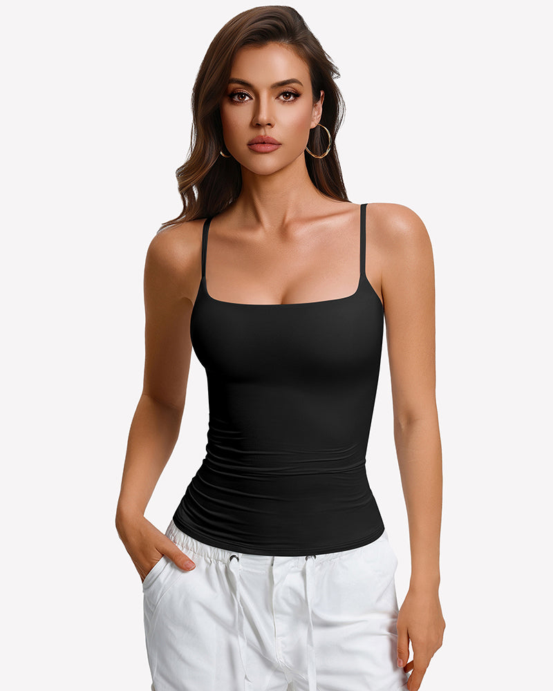 Black padded cami tank top with built-in bra, square neckline and thin straps