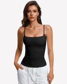 Black padded cami tank top with built-in bra, square neckline and thin straps