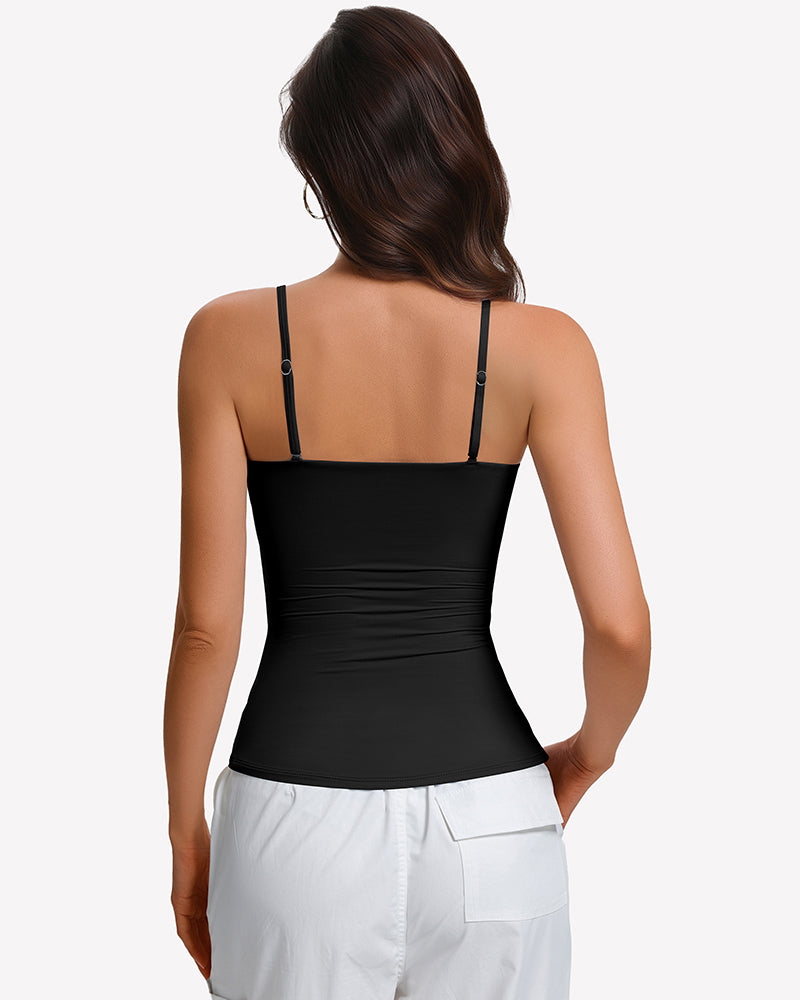 Black padded cami tank top with built-in bra, adjustable back straps and scoop back