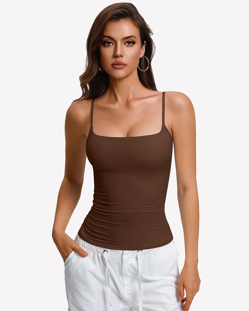 Brown padded cami tank top with built-in bra, square neckline and thin straps