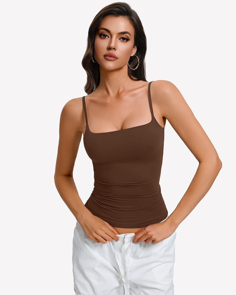 Padded cami tank top with built-in bra, brown square neckline and spaghetti straps