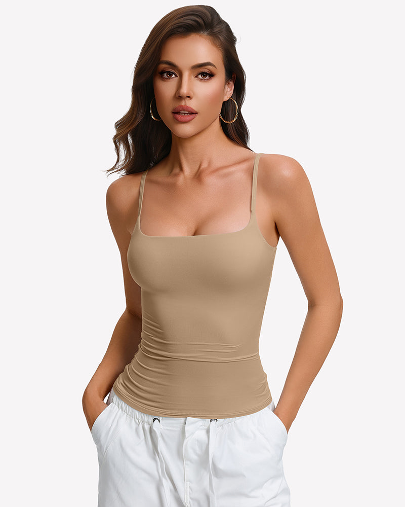 Nude padded cami tank top with built-in bra, square neckline and thin straps