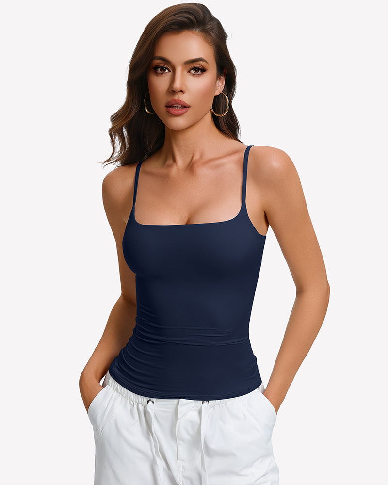 Padded cami tank top with built-in bra, navy square neckline and spaghetti straps