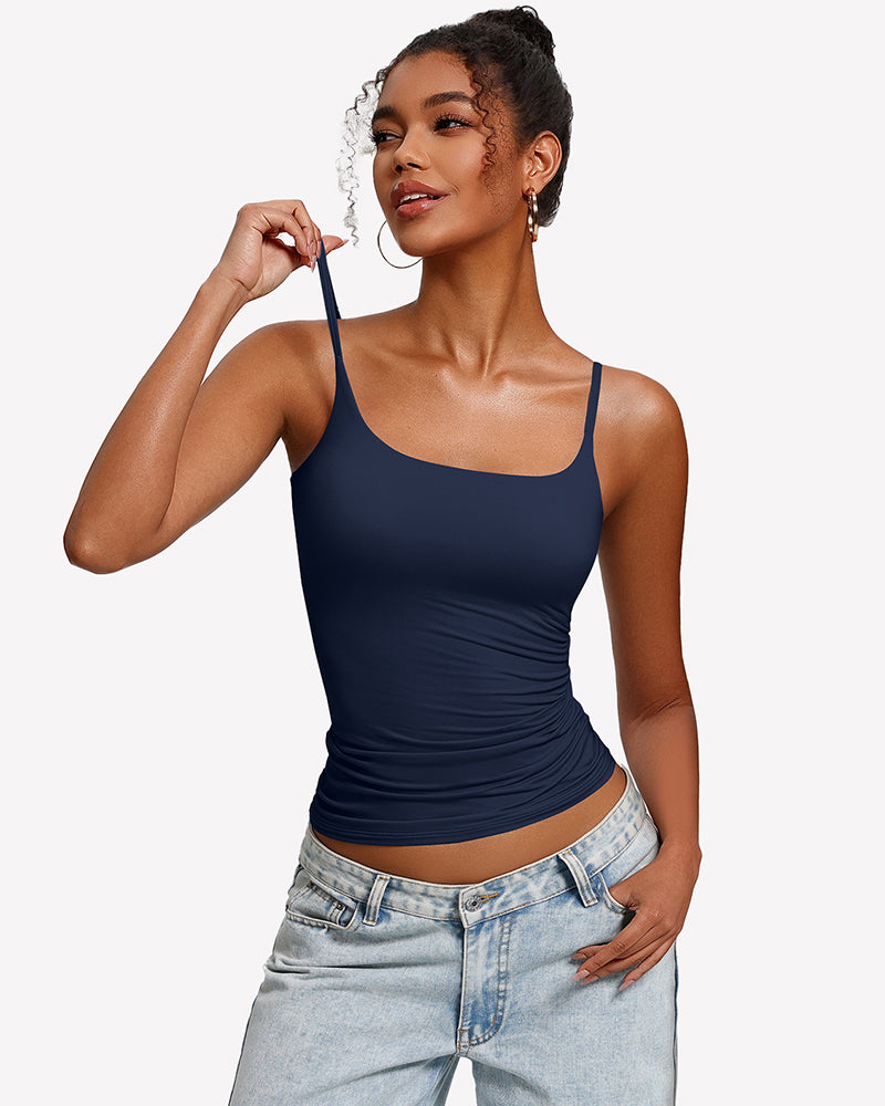 Padded cami tank top with built-in bra, navy square neckline and spaghetti straps