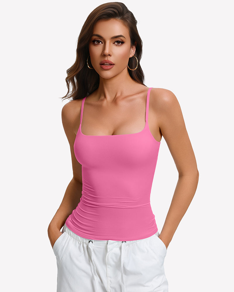 Pink padded cami tank top with built-in bra, square neckline and thin shoulder straps