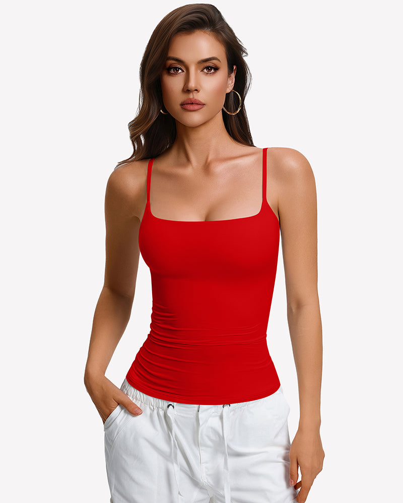 Padded cami tank top with built-in bra, red square neckline and spaghetti straps