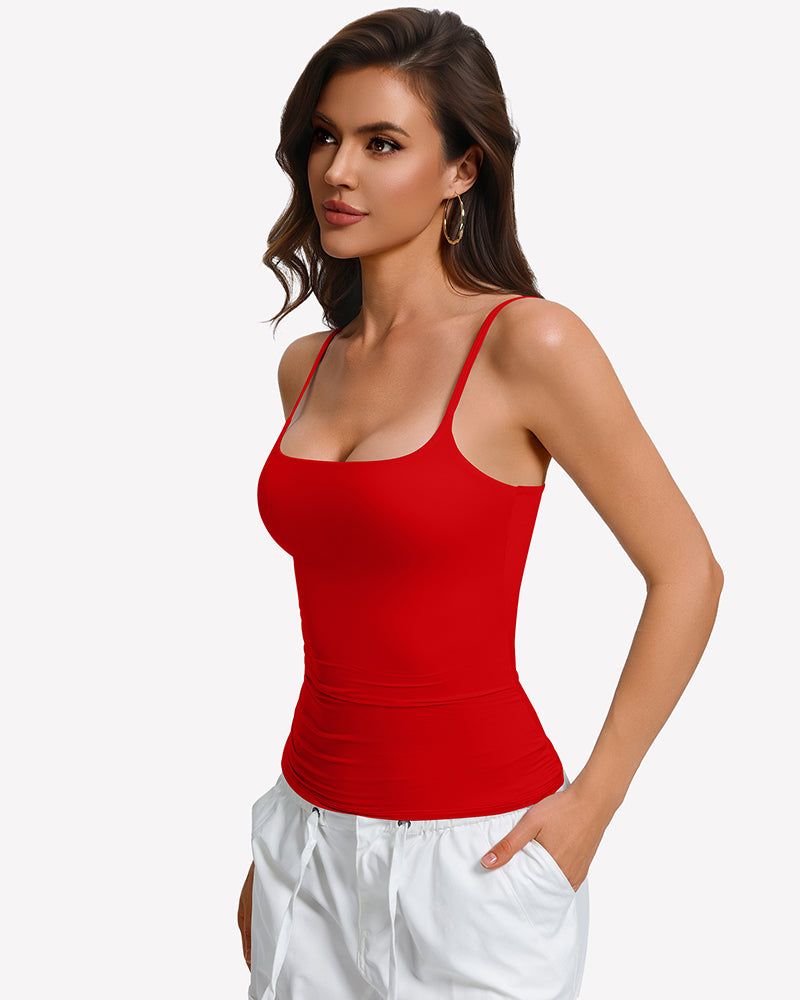 Padded cami tank top with built-in bra, red square neckline and spaghetti straps