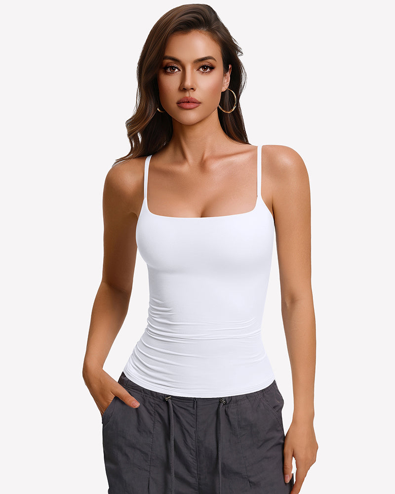 Padded cami tank top with built-in bra, white square neckline and spaghetti straps