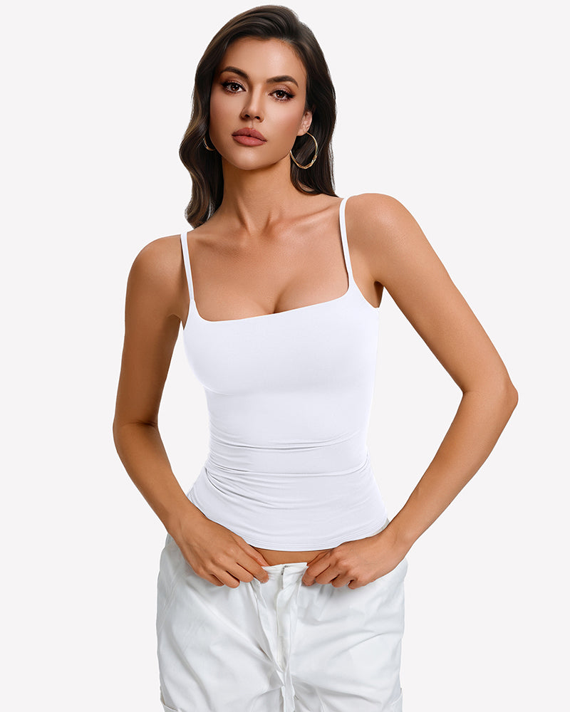 Padded cami tank top with built-in bra, white square neckline and spaghetti straps