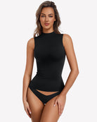 Double-lined mock neck tank top, black fitted with high neckline