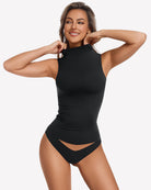 Black mock turtleneck tank top with fitted double-lined brief, sleeveless bodysuit