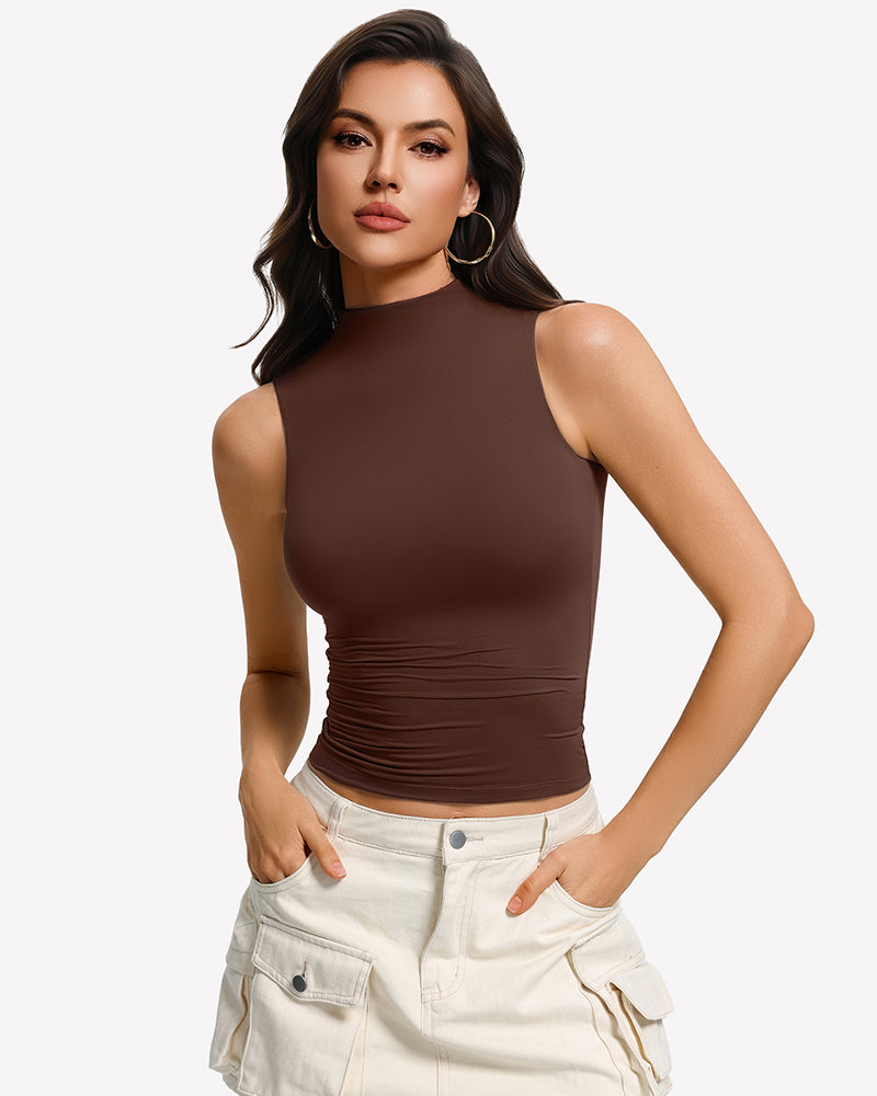 Brown mock turtleneck tank top and fitted double-lined brief