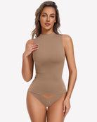 Tan mock turtleneck tank bodysuit with fitted double-lined brief and high-cut leg
