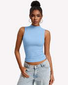 Light blue double-layer mock neck fitted tank top, sleeveless