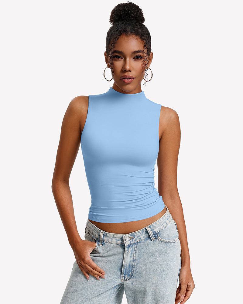 Light blue double-layer mock neck fitted tank top, sleeveless