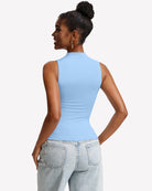 Light blue double-layer mock neck fitted tank top, sleeveless, back view