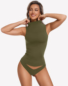Olive green mock turtleneck tank bodysuit with fitted double-lined brief